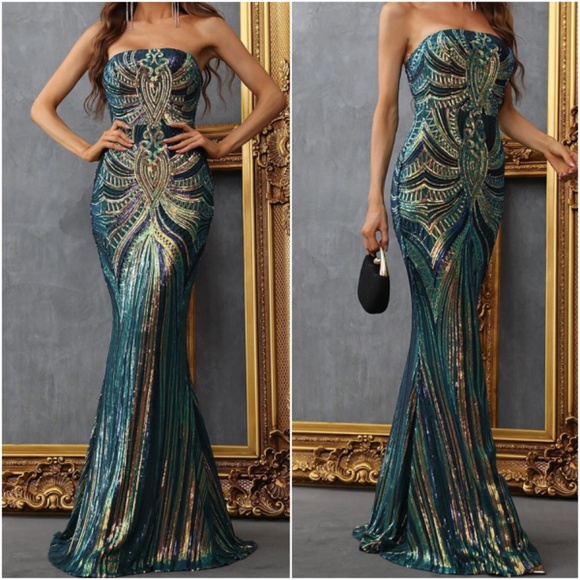 Luxe Sequin Strapless Evening Party Prom Wedding Dress - Picture 4 of 6